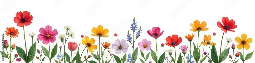 Fototapeta premium Delicate wildflowers, vibrant blooms, isolated on pure white , illustration, summer