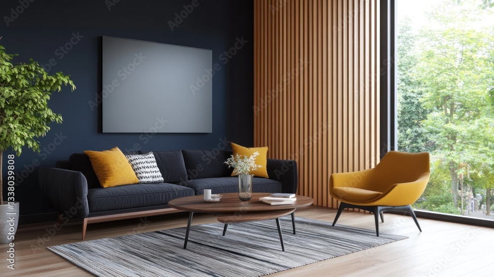 Fototapeta premium Modern living room interior, featuring a dark navy couch, a yellow accent chair, and a wooden coffee table. Natural light streams in through large windows