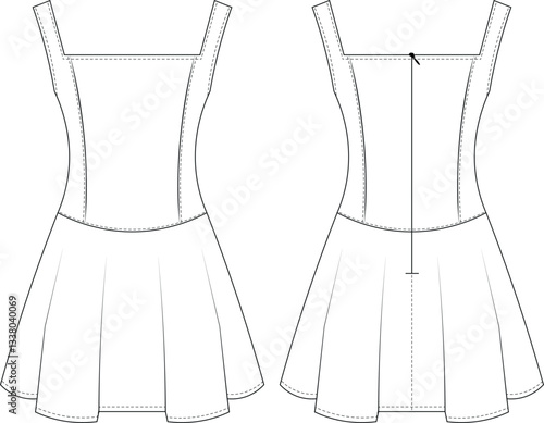 sleeveless strapped strappy shoulder straps square neck princess darted drop waist pleated flared mini apron dress template technical drawing flat sketch cad mockup fashion woman design style model 
