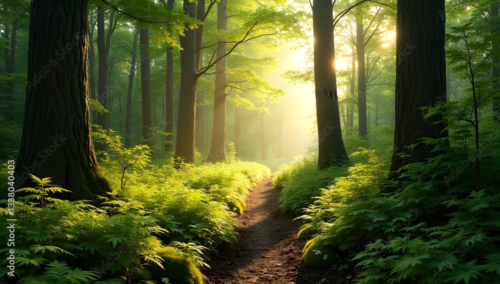 Obraz premium Winding Path Through Vibrant Green Forest with Sunbeams and Tranquil Atmosphere