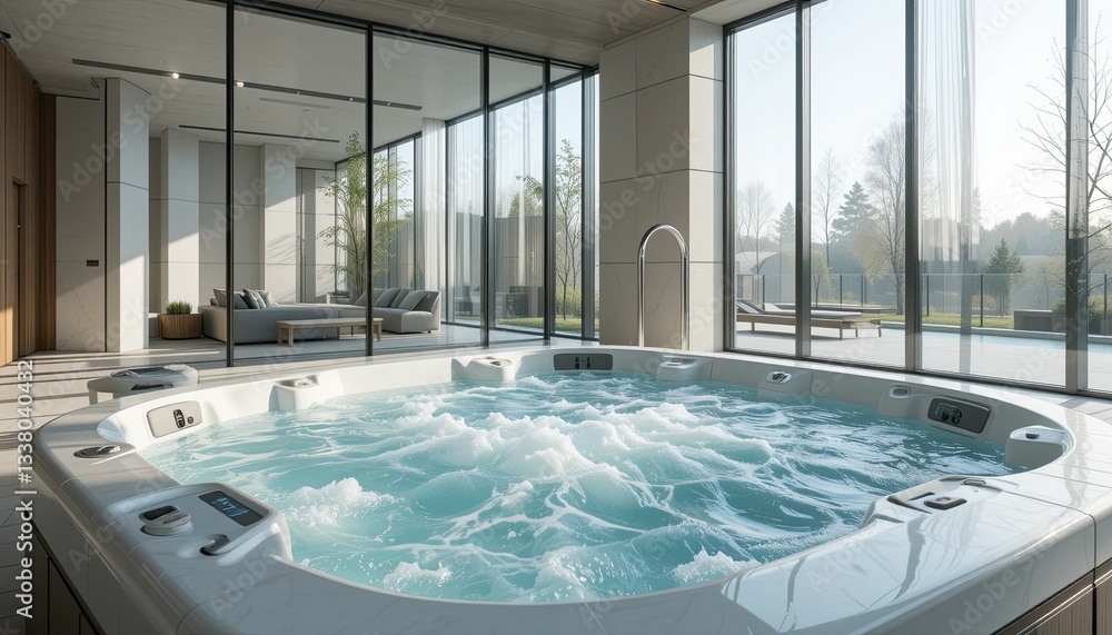 Fototapeta premium A contemporary indoor hot tub with bubbling water is located in a light-filled, minimalist space with glass walls that provide an external view.