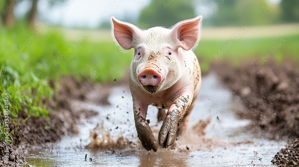 A pig joyfully bounding through thick muddy water, its snout covered in dirt, its body full of movement, framed by rich green farm fields A pig joyfully bounding through thick muddy water, its snout covered in dirt, its body full of movement, framed by rich green farm fields