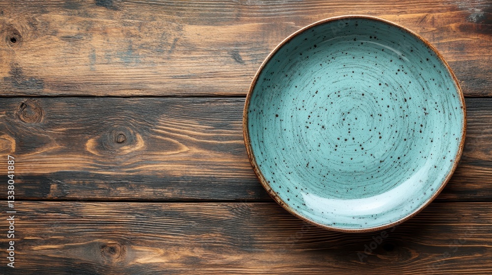 Blue plate on rustic wooden background, top view, copy space available. Use it to display food, product or create a dining scene layout. Blue plate on rustic wooden background, top view, copy space available. Use it to display food, product or create a dining scene layout.