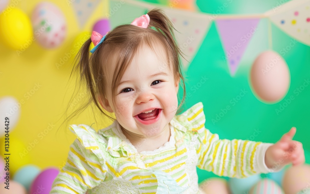 Toddler in striped dress joyfully playing with colorful Easter eggs outdoors. Toddler in striped dress joyfully playing with colorful Easter eggs outdoors.