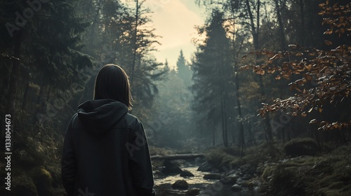Contemplative figure gazes at misty forest landscape with flowing river