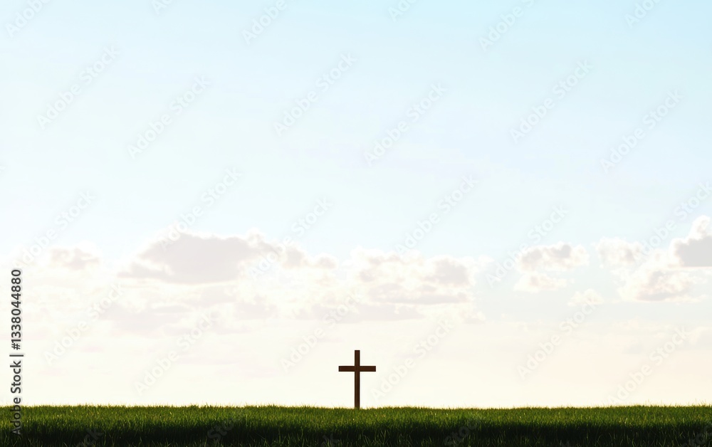 Cross stands tall in a lush green field, symbolizing hope and renewal during Easter. Cross stands tall in a lush green field, symbolizing hope and renewal during Easter.