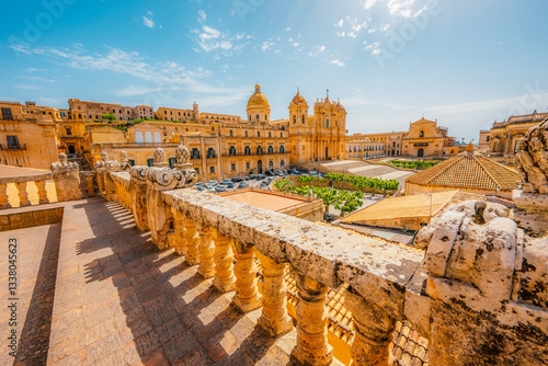 view in Noto, with the Basilica Minore di San Nicolo and Palazzo Ducezio, Sicily, Italy. Chiesa di San Carlo al Corso.