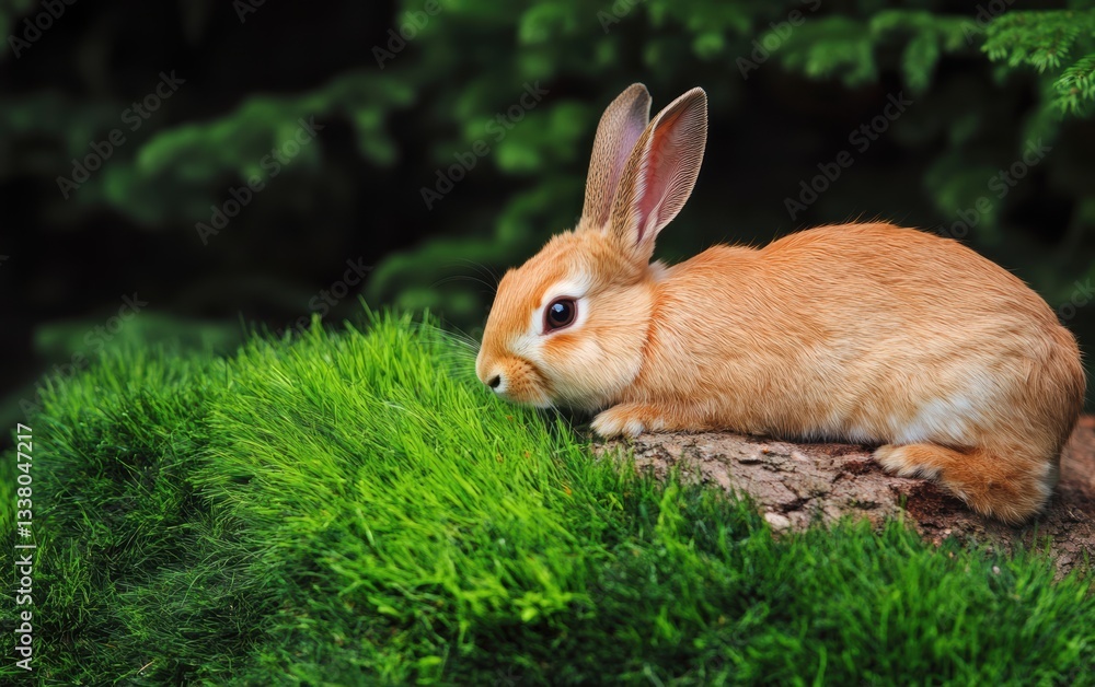 A small rabbit rests on a rock surrounded by green grass, symbolizing Easter's renewal and joy. A small rabbit rests on a rock surrounded by green grass, symbolizing Easter's renewal and joy.