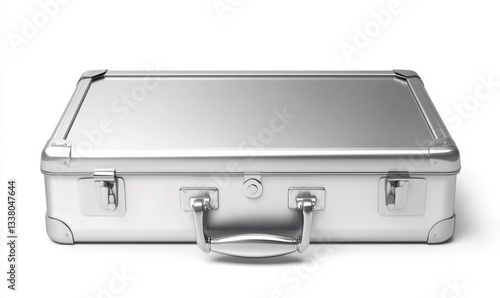 Silver metal briefcase closed on white background, ideal for business concepts