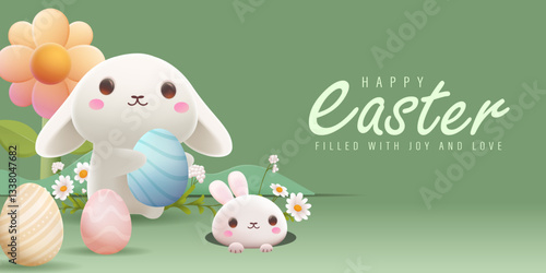 Happy Easter Day Design with Cute Bunny Vector Illustration. Egg Hunt Party Concept. Suitable for Poster Banner Flyer and Brochure Template	
