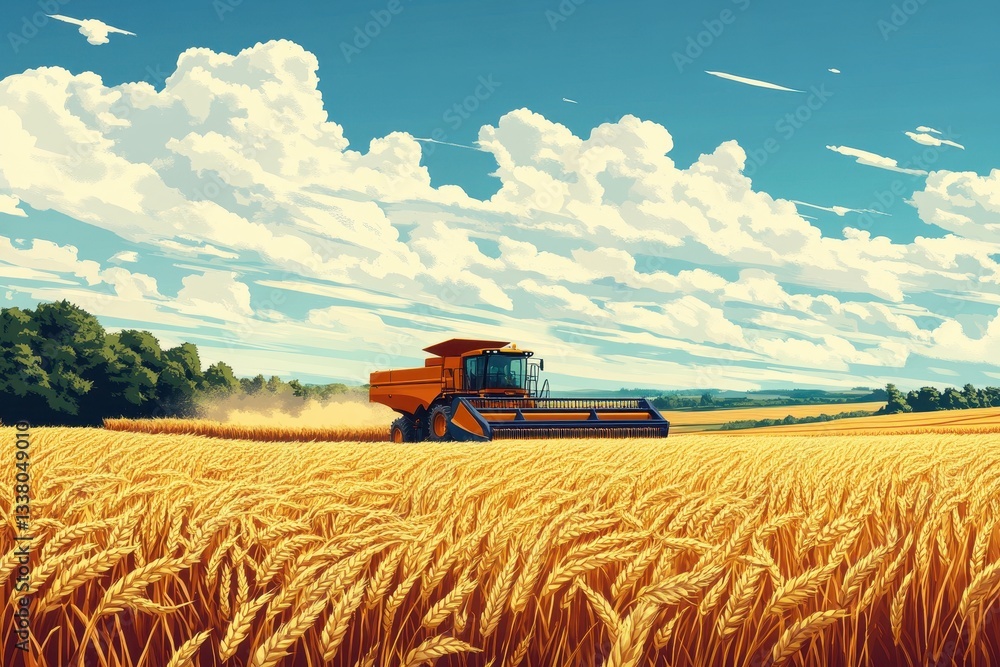 Fototapeta premium An orange combine harvests wheat on a sunny day with beautiful clouds. Perfect for showing agriculture, farming, and the autumn harvest season.