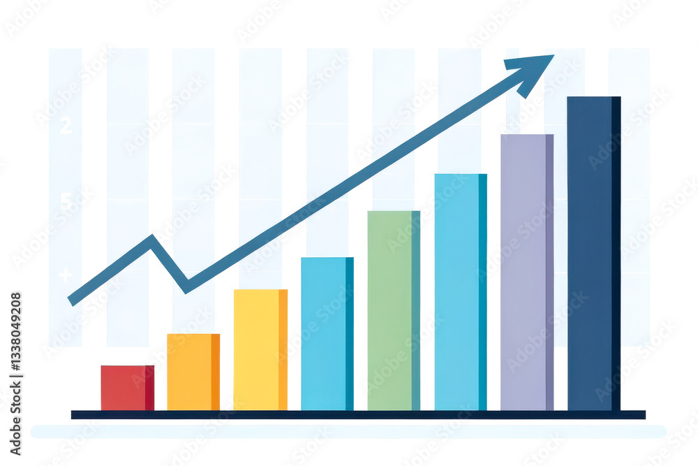 A colorful bar chart demonstrates growth trends with an upward arrow, symbolizing progress and success in data analysis. A colorful bar chart demonstrates growth trends with an upward arrow, symbolizing progress and success in data analysis.