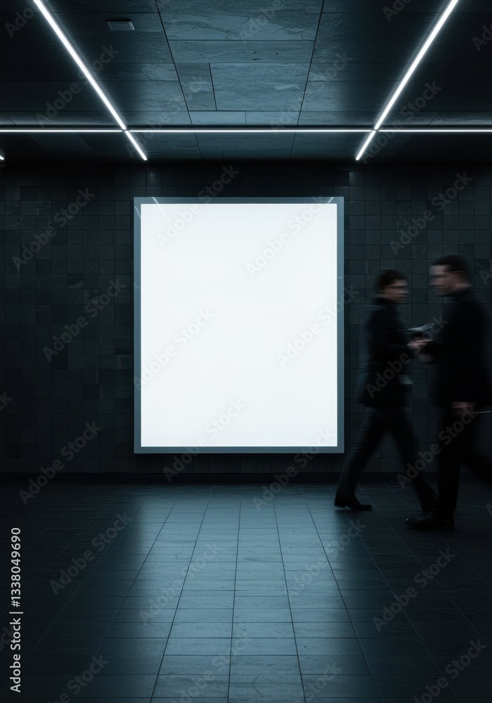 Obraz premium A bright blank billboard on a dark tiled wall with two blurred people walking past 01