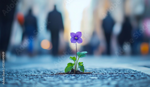 Fototapeta Naklejka Na Ścianę i Meble -  A small purple flower growing through the asphalt of an urban street