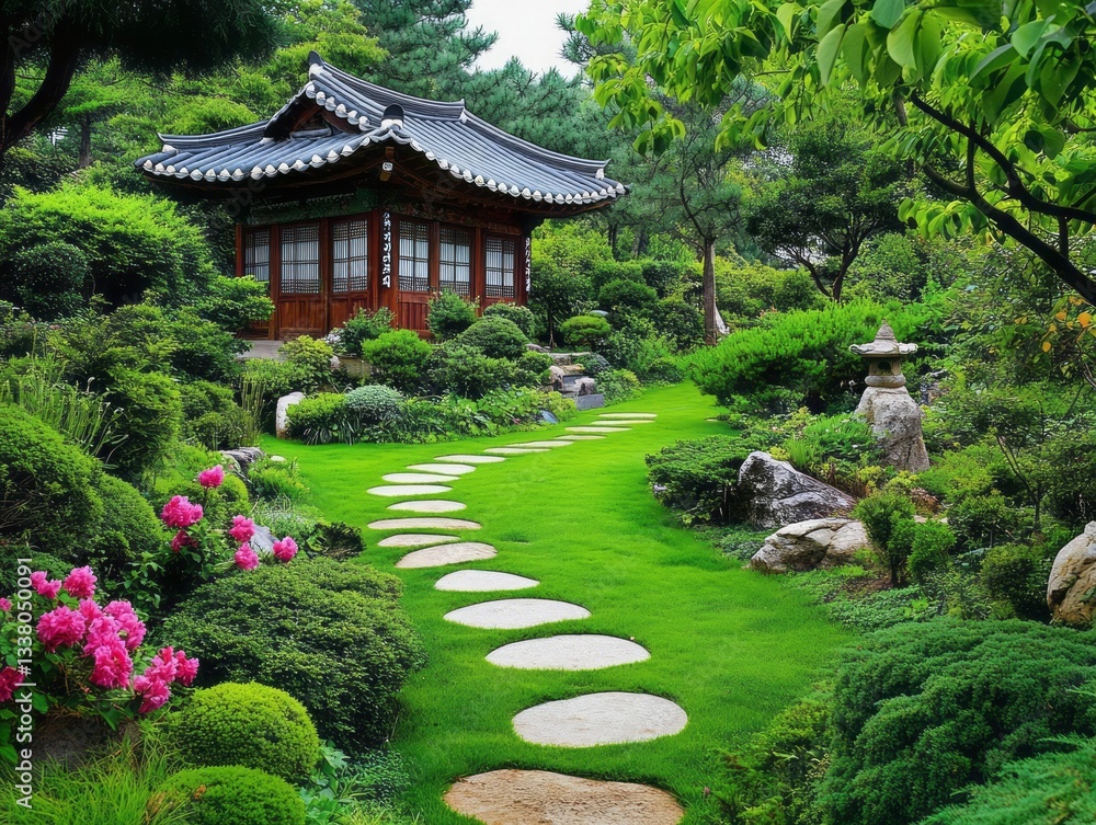 A serene garden scene with path and traditional structure A serene garden scene with path and traditional structure