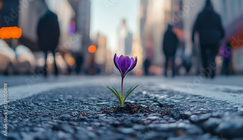 Fototapeta Naklejka Na Ścianę i Meble -  A small purple flower growing through the asphalt of an urban street