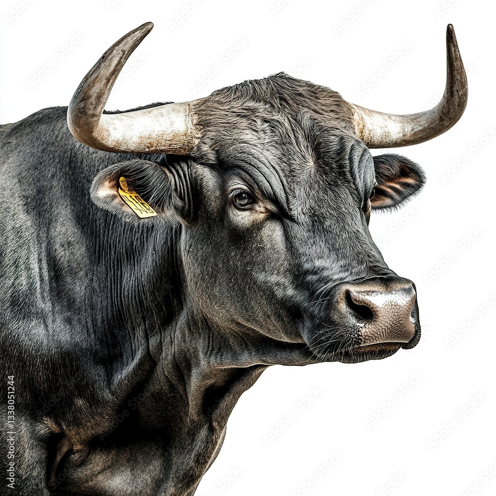 Naklejka premium A powerful bull snorting, muscular frame visible, strong lighting, close-up shot, white background.