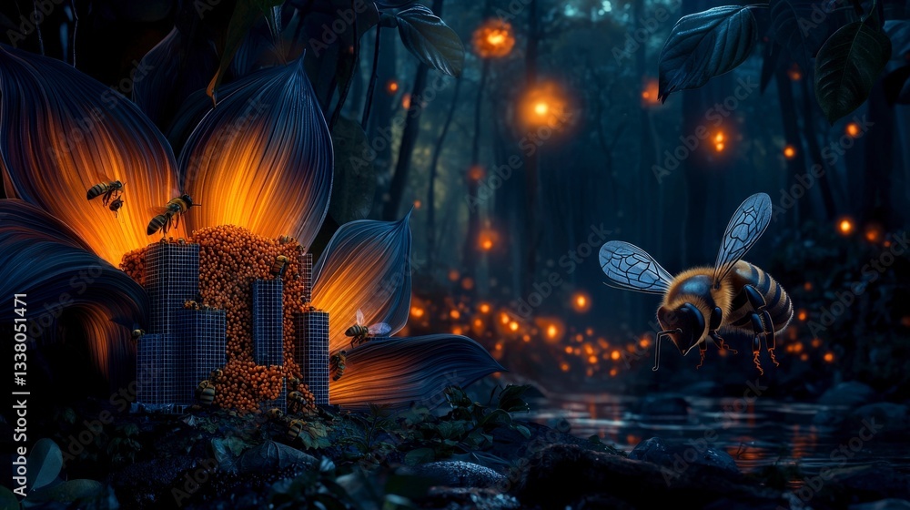 Naklejka premium Bees pollinating neon flowers in enchanted forest fantasy scene vibrant glow nighttime magic