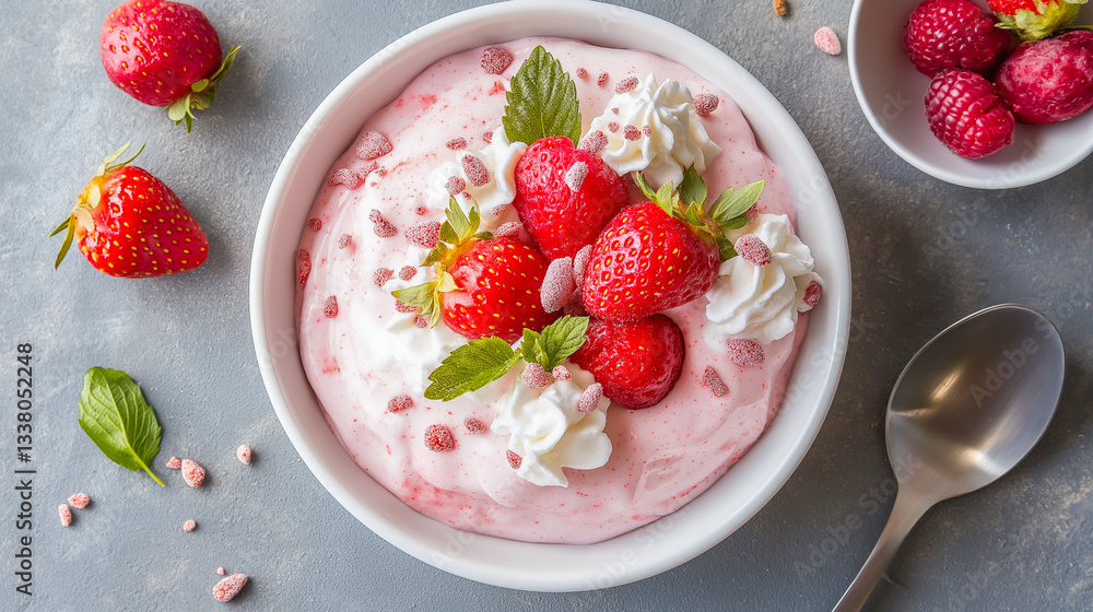 Delicious strawberry and raspberry dessert with whipped cream and mint garnish in a cozy kitchen Delicious strawberry and raspberry dessert with whipped cream and mint garnish in a cozy kitchen