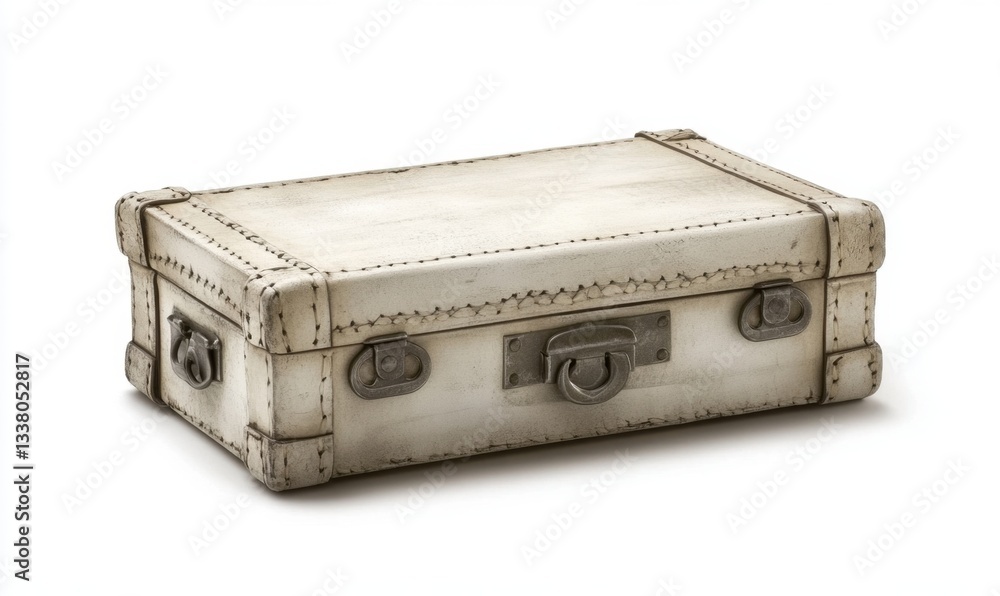 Obraz premium Vintage white suitcase isolated on white, ready for travel adventure