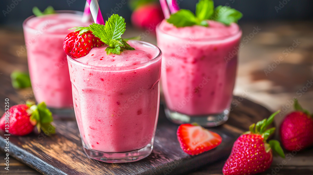 Refreshing strawberry smoothies served in clear glasses with mint garnish on a wooden board Refreshing strawberry smoothies served in clear glasses with mint garnish on a wooden board