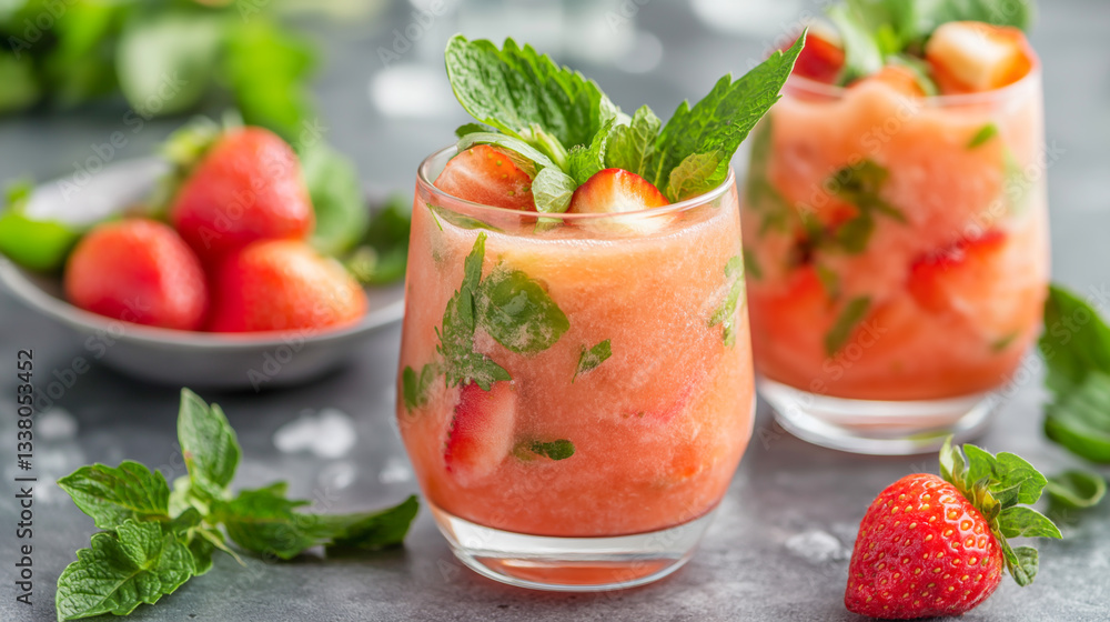 Refreshing strawberry mint smoothie served in clear glasses garnished with mint leaves on a textured surface Refreshing strawberry mint smoothie served in clear glasses garnished with mint leaves on a textured surface