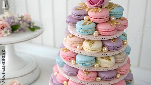 A stunning wedding cake featuring a colorful array of macarons on top, adding a playful touch to the elegant dessert
