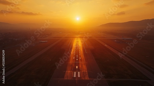A high-angle view of an airport runway bathed in a golden sunrise glow.