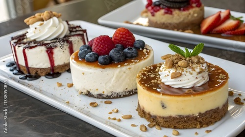 Three delicious cheesecakes are artfully arranged on a white plate, showcasing their creamy textures and colorful toppings