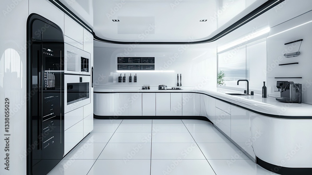 A futuristic kitchen with advanced appliances, sleek countertops, and a minimalist design. A futuristic kitchen with advanced appliances, sleek countertops, and a minimalist design.