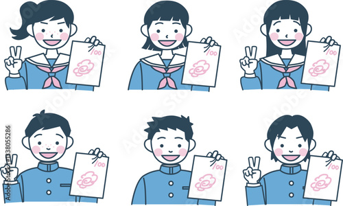 100点の答案用紙を持った学生服の子供たちのイラストセット