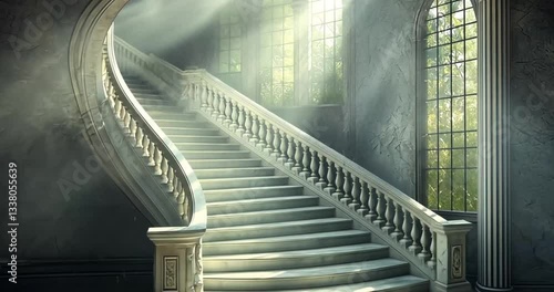 Sunlit Marble Staircase in Historic Building Ruins