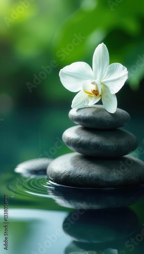 White orchid beside water, cool grey massage stones, beauty, dew