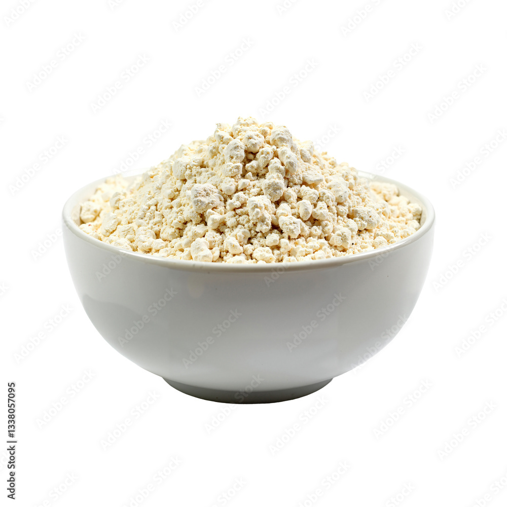 Rice flour in white bowl, isolated on transparent background for cooking, baking, and food photography. Rice flour in white bowl, isolated on transparent background for cooking, baking, and food photography.