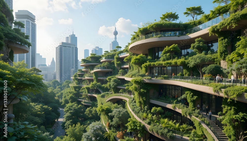 Fototapeta premium Urban landscape featuring green terraces and modern architecture.