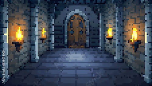 Dark medieval dungeon corridor pixel art background. 8-bit game assets