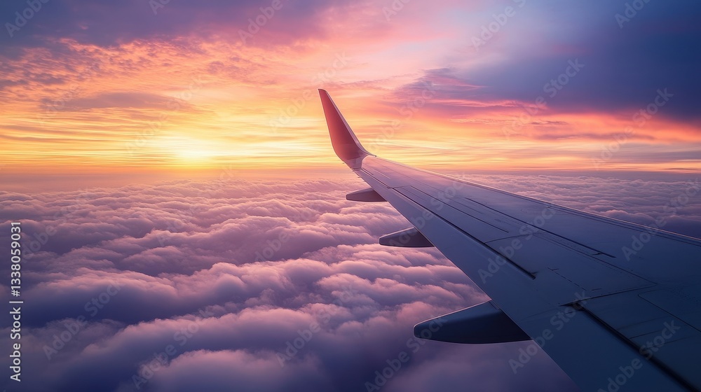Fototapeta premium Airplane wing view over clouds, with sunset sky. Use this for travel blogs or airline promotion needs.