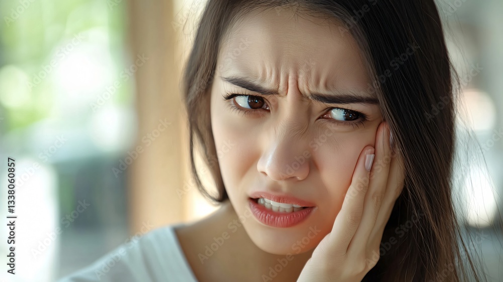 Concerned woman experiencing discomfort and pain in her mouth Concerned woman experiencing discomfort and pain in her mouth