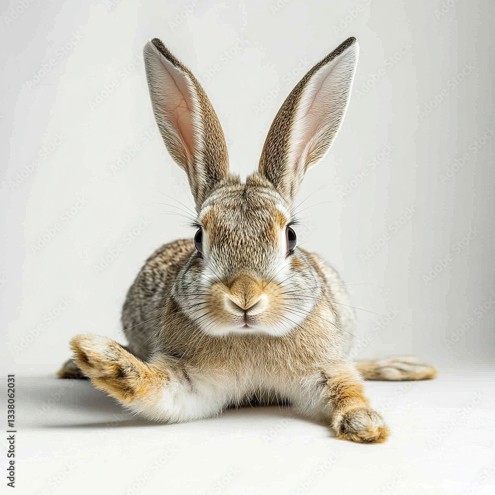 Fototapeta premium A rabbit stretching its legs, sharp fur textures, soft natural lighting, full-body shot, white backdrop. 