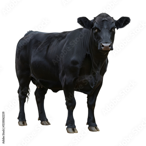 Angus cow standing with head slightly turned and muscular black coat isolated on a transparent background