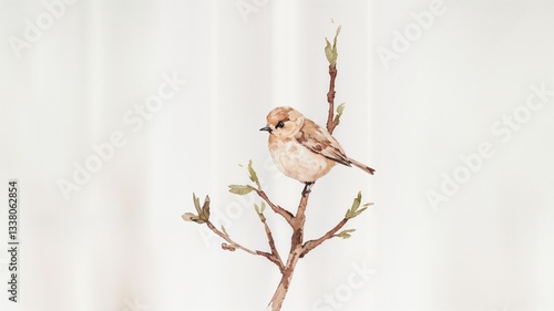 Cute watercolor illustration of a tiny bird on a budding tree branch, soft pastel tones with a minimal white background highlighting the charm of spring