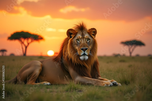 Wallpaper Mural Powerful male lion lying on grass with a serene sunset backdrop. Torontodigital.ca
