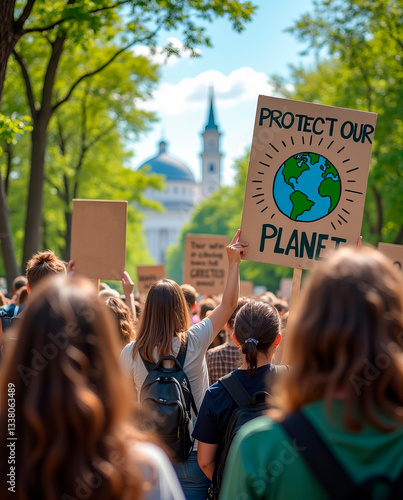 A peaceful Earth Day protest, where people of all ages hold signs with messages like 