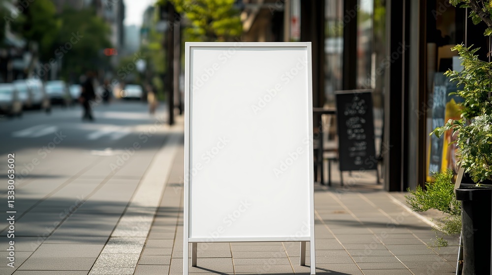 Blank street sign on a sidewalk in front of a shop Blank street sign on a sidewalk in front of a shop