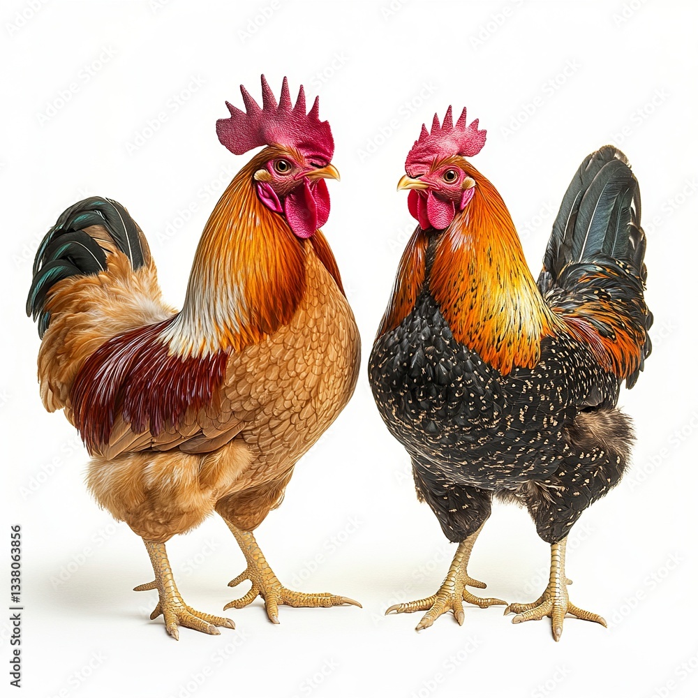 Fototapeta premium A rooster and hen side by side, vibrant feather textures, warm lighting, full-body shot, white background. 