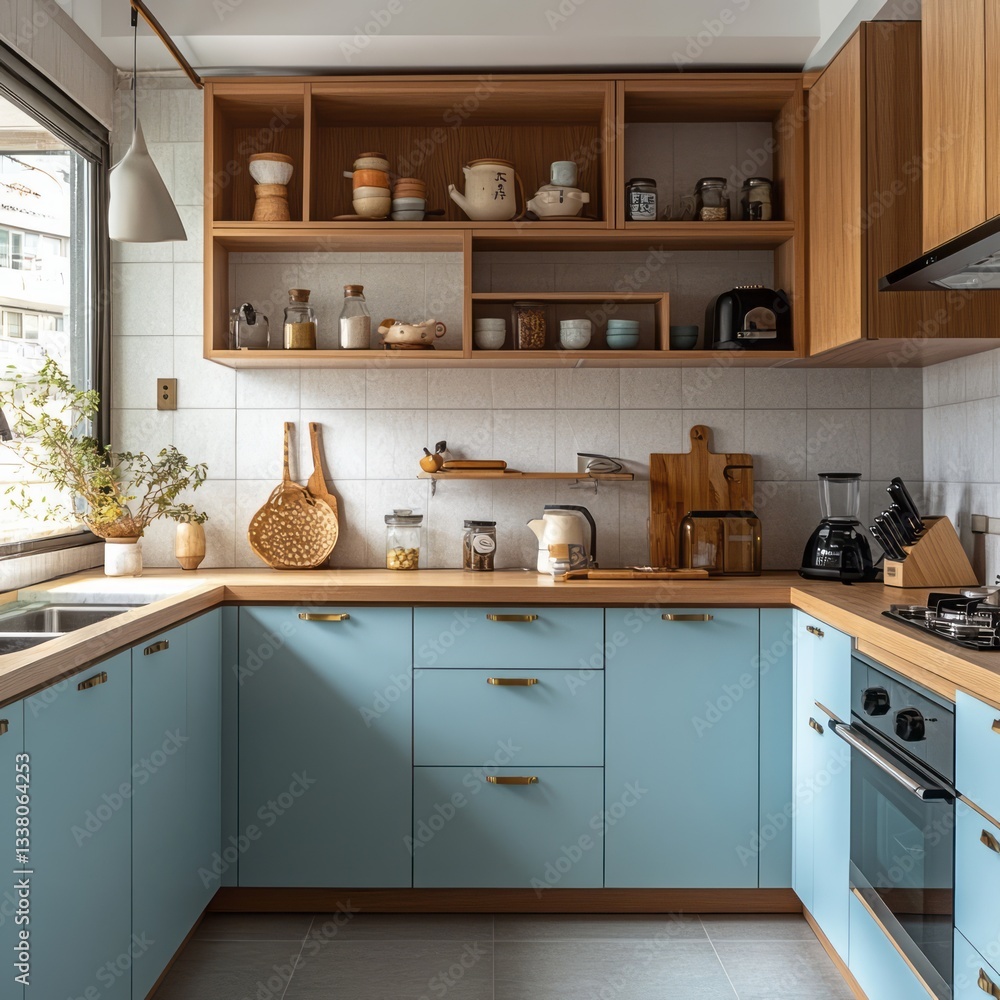 A modern kitchen features wooden cabinets and blue drawers prominently A modern kitchen features wooden cabinets and blue drawers prominently