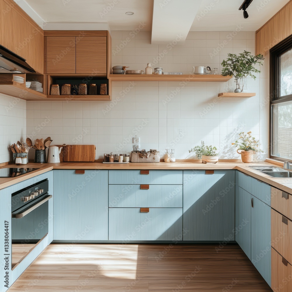 Fototapeta premium A well lit and organized kitchen with light blue cabinets
