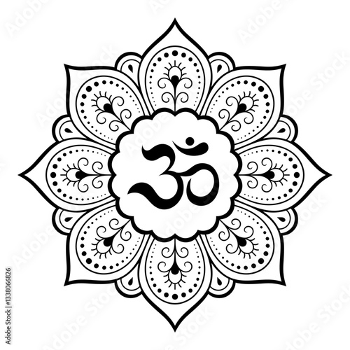 Circular pattern in form of mandala for with flower Henna, Mehndi, tattoo, decoration. Decorative ornament in oriental style with ancient Hindu mantra OM. Outline doodle vector illustration.