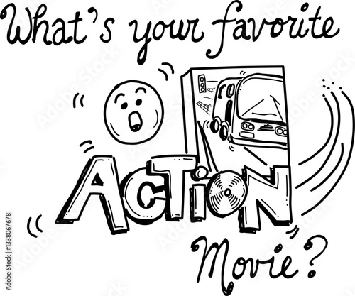 Hand-drawn action movie DVD cover vector doodle. "What's your favorite action movie?"