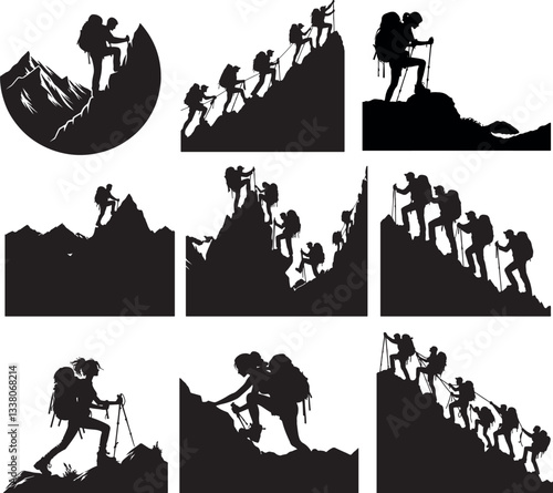 Mountain Climber Silhouette Image. Mountain Hiking Clipart Image.